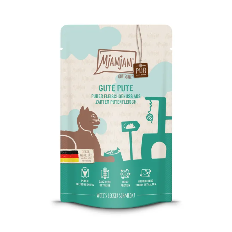 Sparpaket 12 x 125 g Mjamjam Quetschie Gute Pute purer Fleischgenuss aus zartem Putenfleisch Katzen Nassfutter Schnäppchen